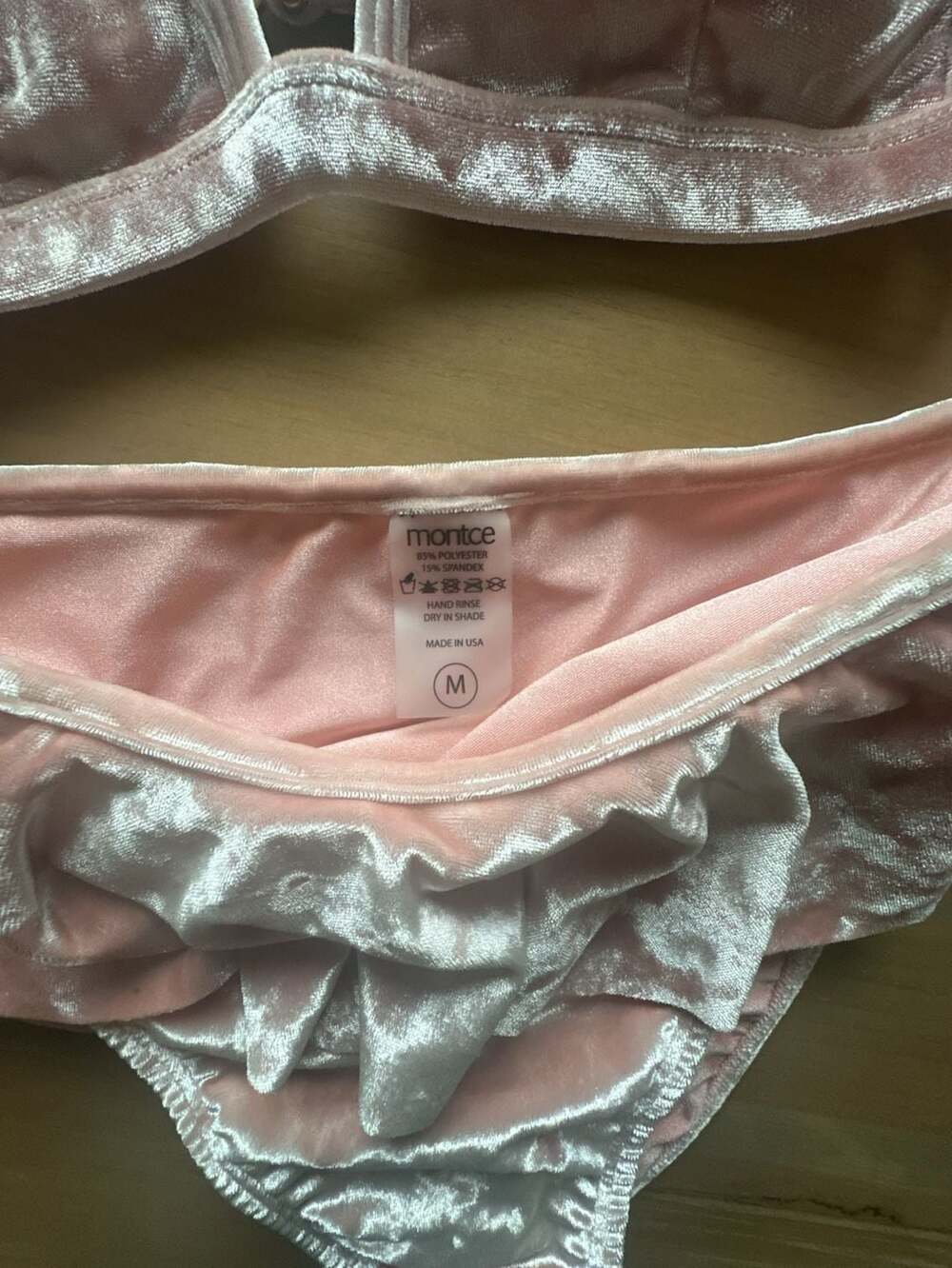 Montce Swim Pink Velvet Ruffle Bikini Set Size S Top M Bottom - Picture 7 of 9